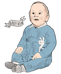 An illustration of a boy baby, sitting upright, in a medium blue onesie pajama with a white llama on it. The baby has light blonde hair, brown eyes, and fair skin. He is wearing white baby shoes. To the left of the baby is an unfurling pink banner that says BABY KEN