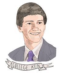 An illustration of a smiling young man with brown straight hair and fair skin. He is wearing a grey suit with a white collared shirt and purple tie. An unfurling pink banner below the illustration says COLLEGE KEN