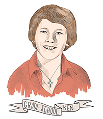 An illustration of a smiling teen boy with brown wavy hair, fair skin, a red spread collar shirt and a silver cross necklace. An unfurling banner below says GRADE SCHOOL KEN.