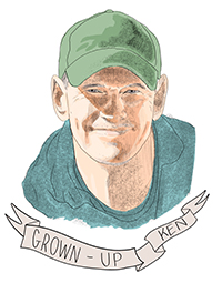 An illustration of a man in a green baseball cap. He has fair skin and brown eyes and is smiling. He wears a teal t-shirt. An unfurling banner below says GROWN UP KEN