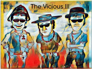 A caricature drawing of three men dressed in 80s hip hop style, each wearing a different hat but all in sunglasses.