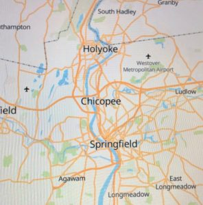 Map showing Western Massachusetts with Connecticut River running through Holyoke, Chicopee, and Springfield