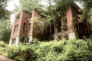 A color photo of an abandoned red brick building, windows gone and overgrown with foliage.